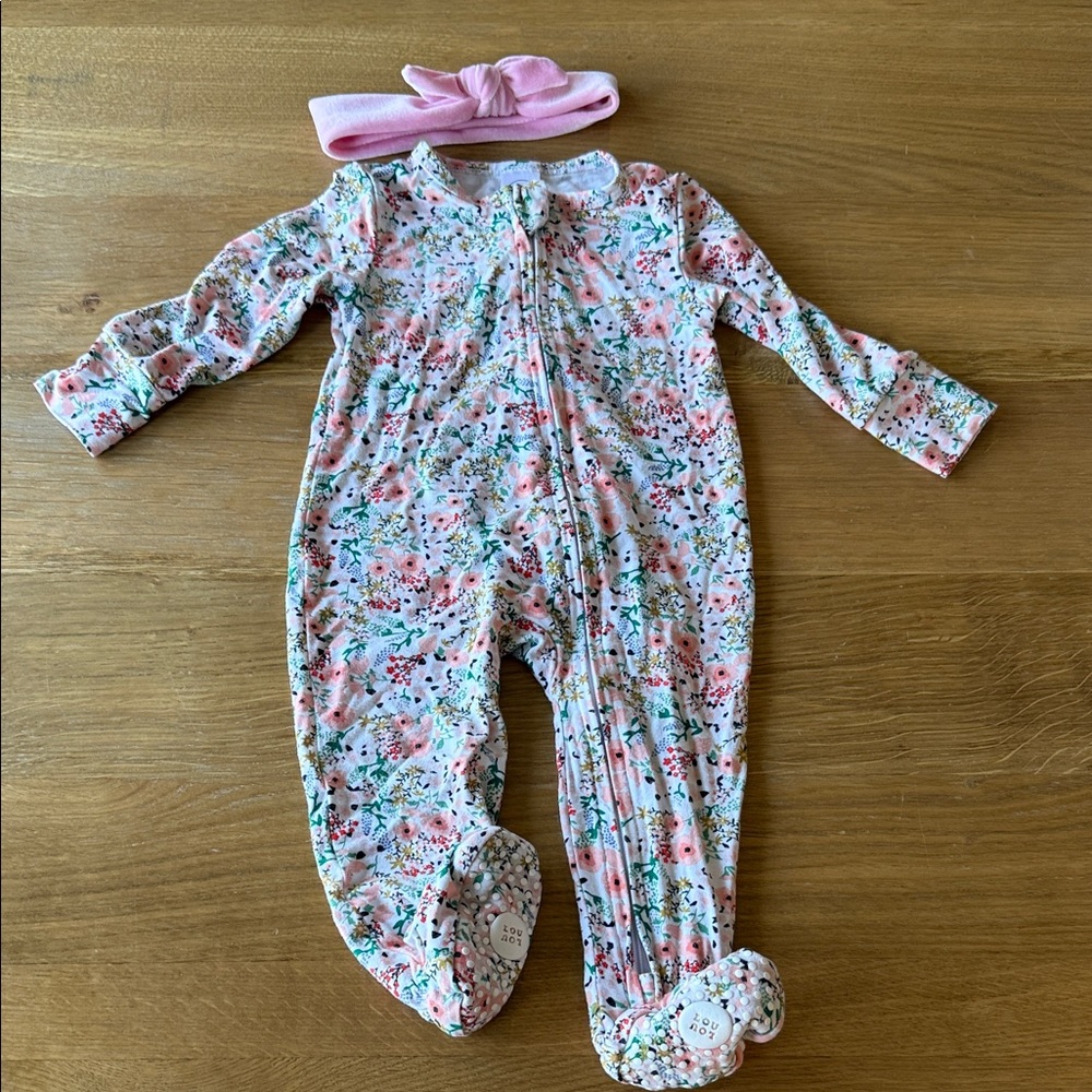 Lou Lou and company Pink Floral Zip-Front Baby One-Piece with Headband